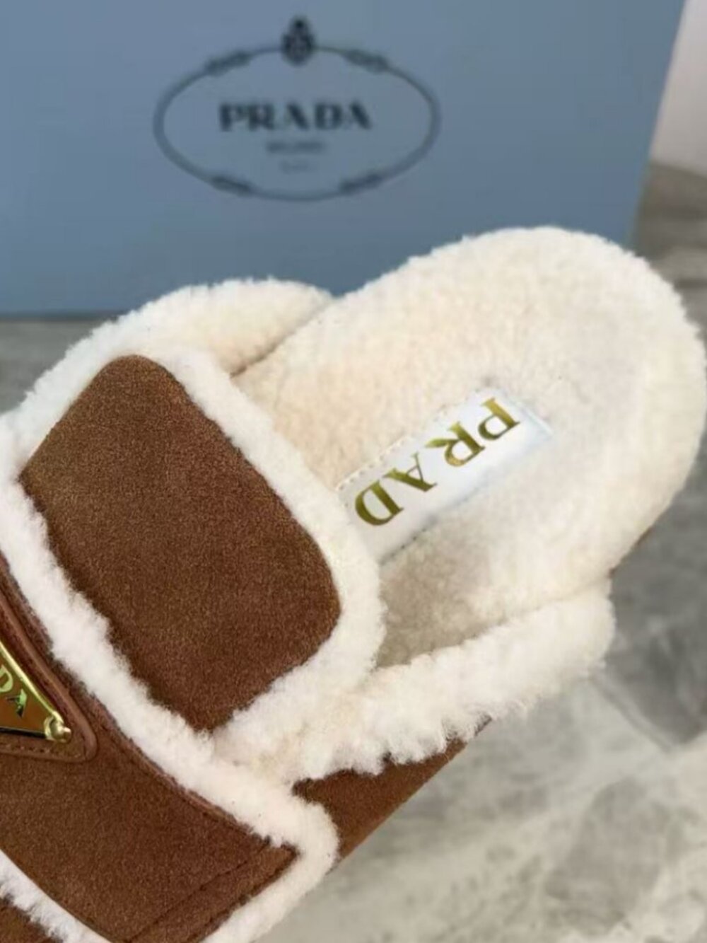 Fashion Prada Triangle Plate Warm Winter Mule Slides - Picture 8 of 8